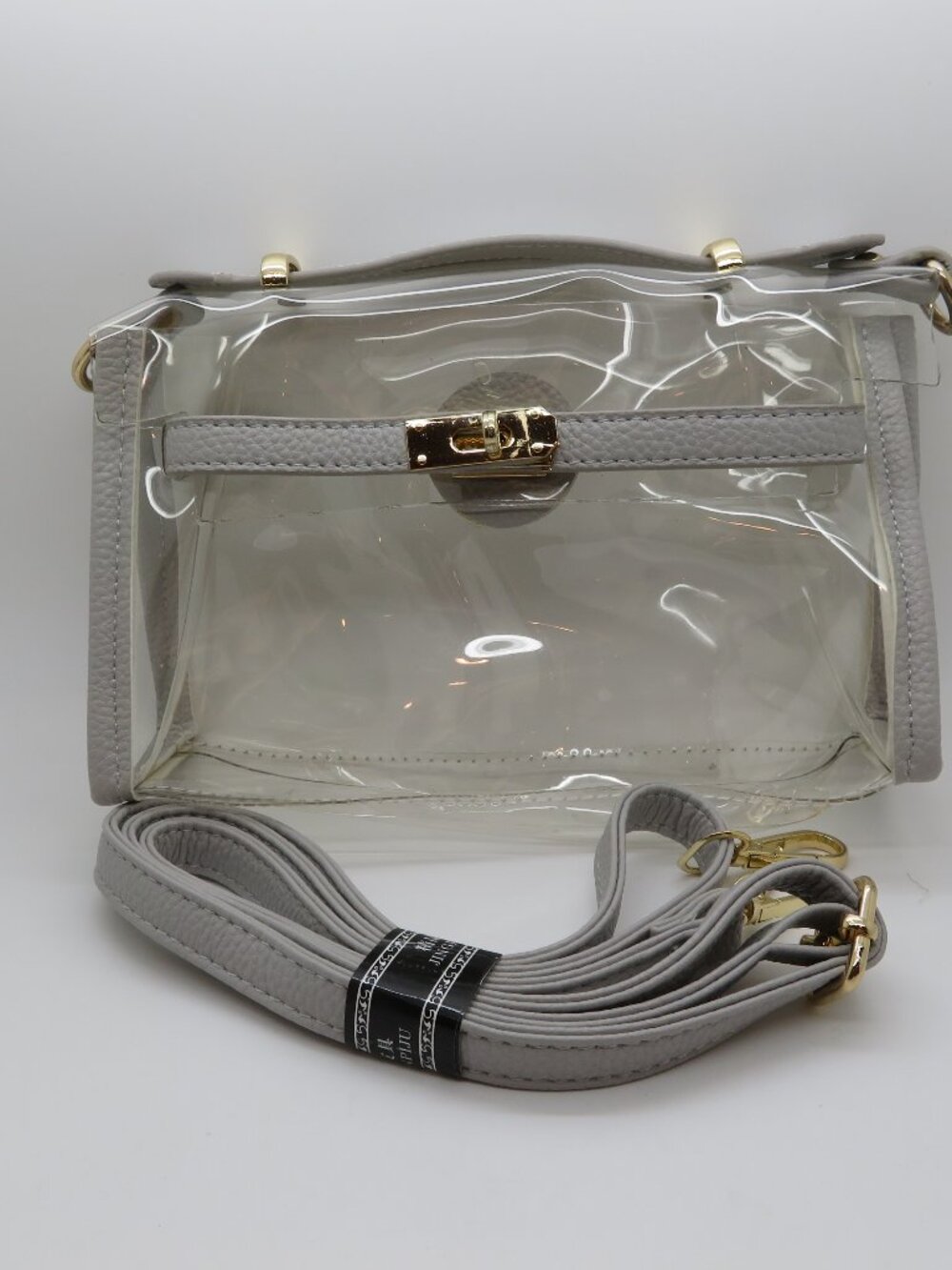 Clear Mini Crossbody Bag with Gray Trim and Gold Hardware